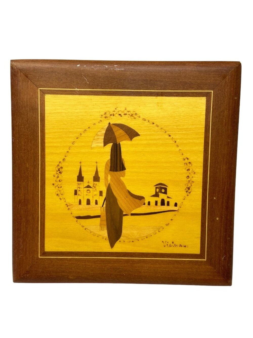 Vietnamese Marquetry Inlaid Wood Wall Art Lady Umbrella Cityscape Square
